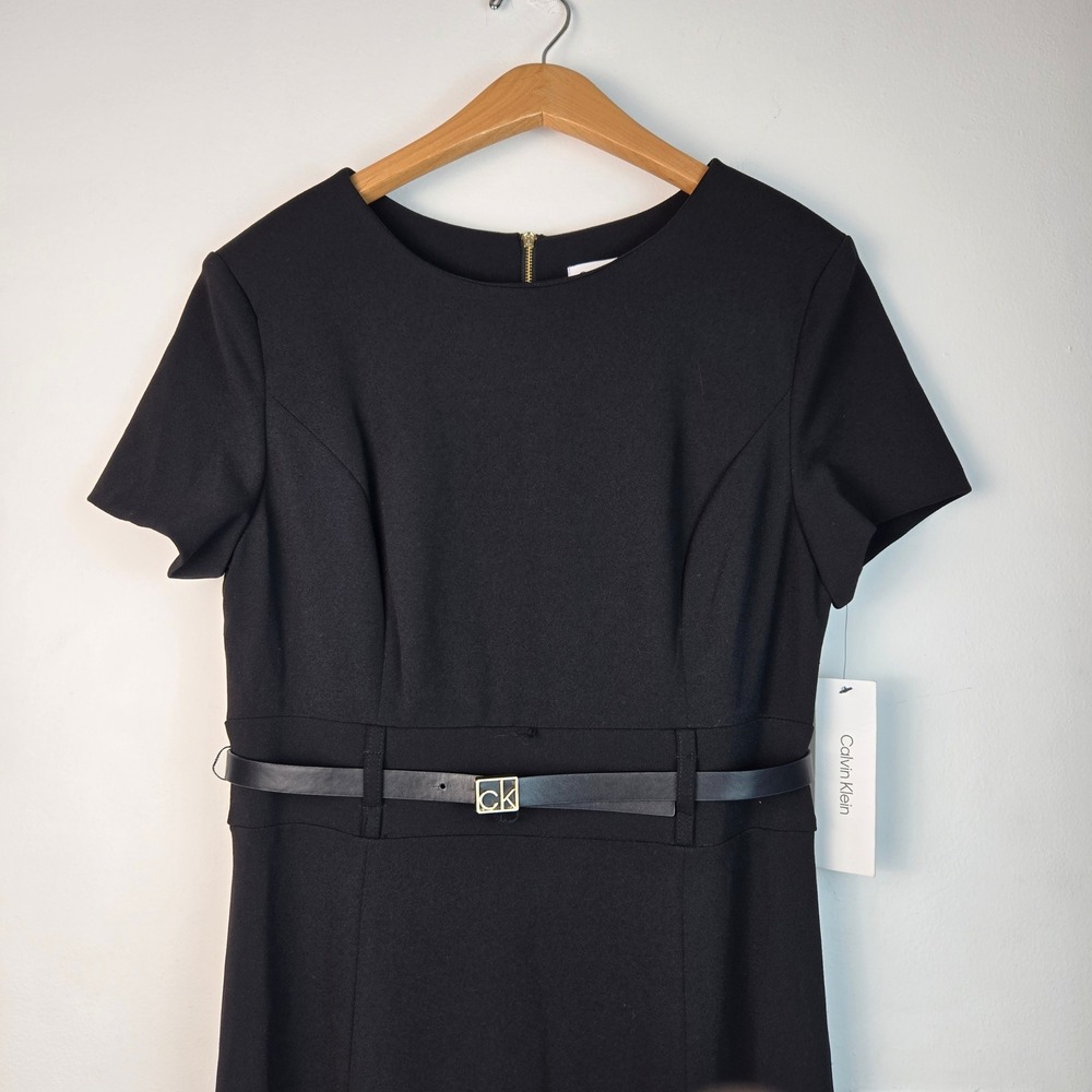 NWT Calvin Klein Black Belted A-Line Midi Dress Short Sleeve Gold Zip 10 - Picture 9 of 16